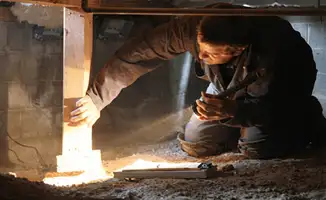 A professional inspecting wooden beams under the floor of a structure in West Palm Beach, FL